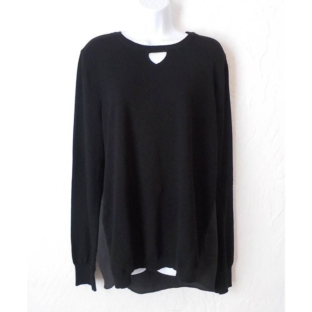 ONE A Women Large Black Keyhole Top Knit Front Rayon Back Long Sleeve Hi-Low Hem